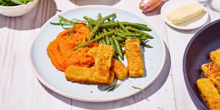 Fishsticks met wortelpuree en boontjes met mosterd en dragon